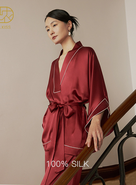 曾黎同款丝侬红色真丝睡衣女款中式新娘晨袍广袖丝绸桑蚕丝家居服