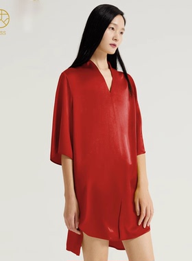 丝侬红色真丝睡裙女士性感高级宽松新娘睡衣裙桑蚕丝家居服礼物