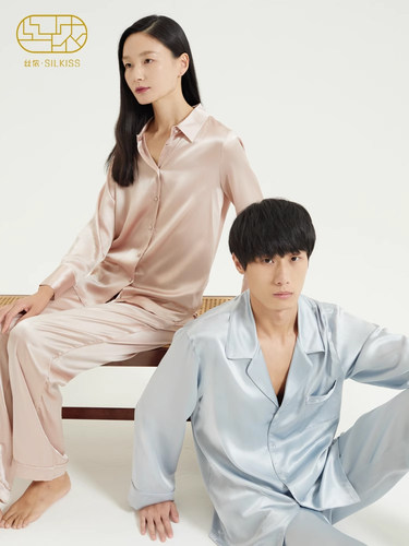 丝侬高品质衬衫领长袖真丝家居服