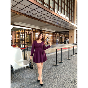 楠哥微胖法式复古V领加绒长袖连衣裙女秋冬大码收腰显瘦胖mm短裙