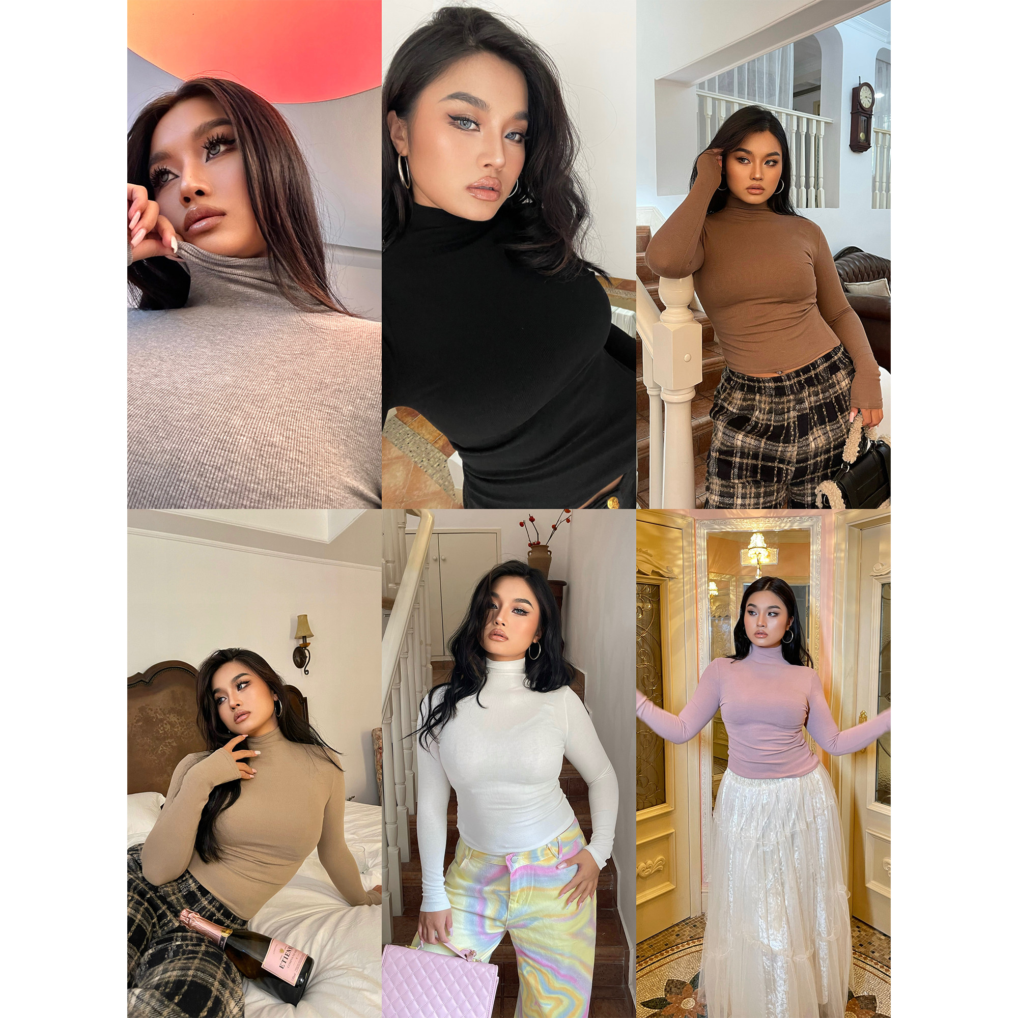 长袖港风常规高领纯色T恤螺纹棉