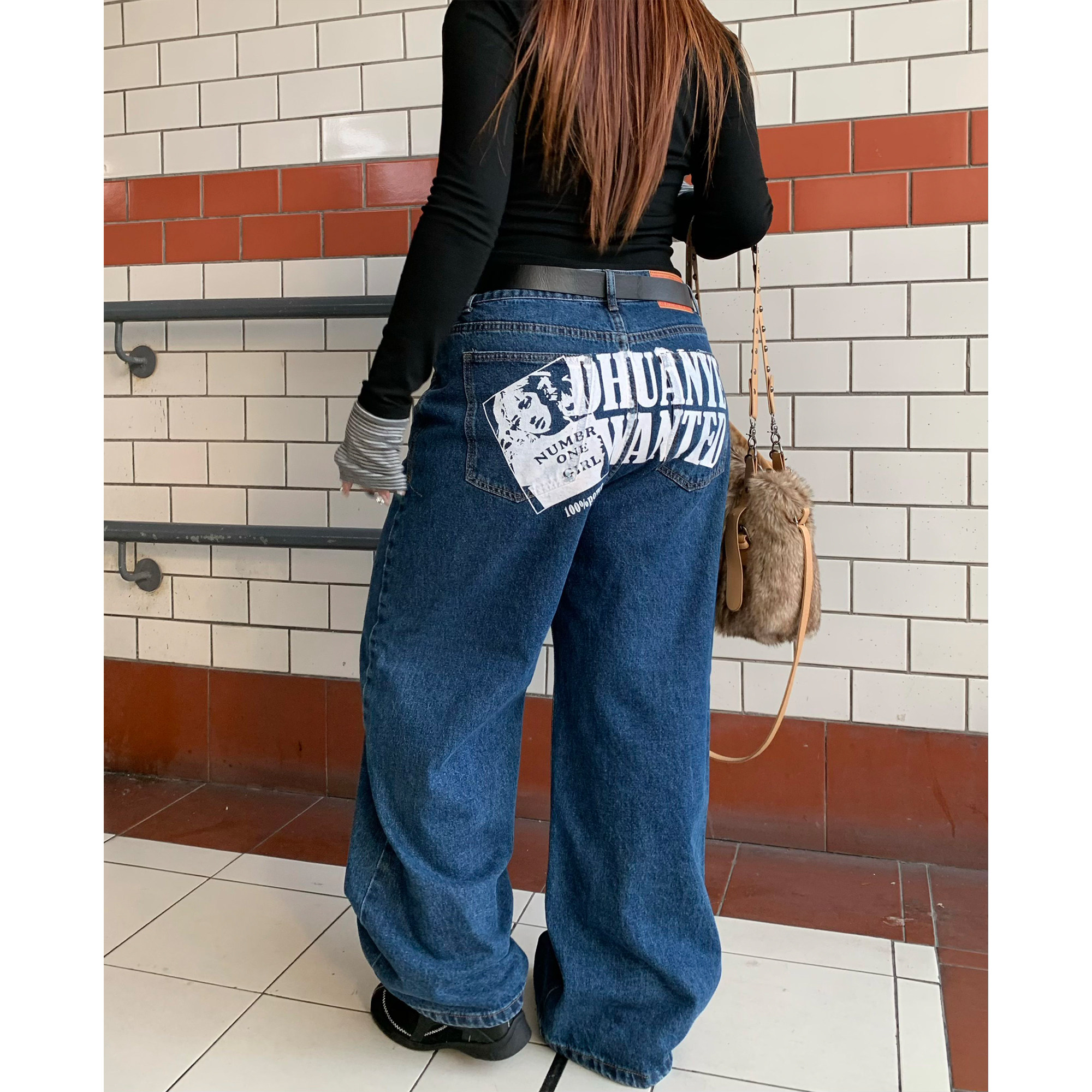 楠哥微胖复古街头字母印花阔腿牛仔裤女大码高腰宽松胖mm百搭长裤