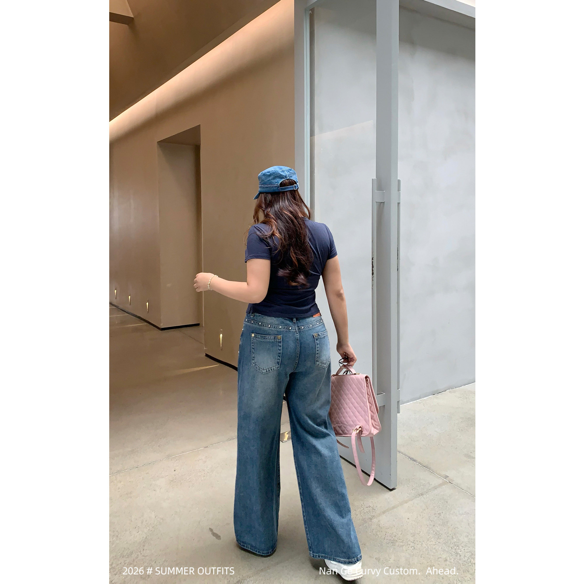 楠哥微胖大码高腰铆钉牛仔裤女胖mm显瘦梨形身材百搭阔腿直筒长裤