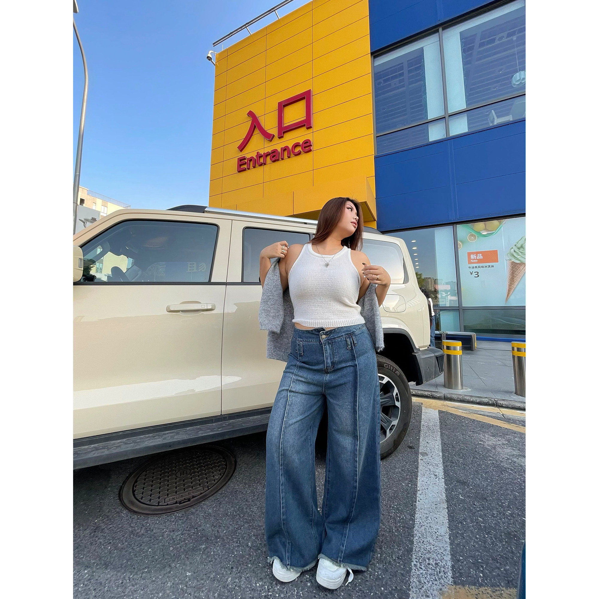 楠哥微胖高腰阔腿牛仔裤女春季新款大码复古街头胖mm显瘦百搭长裤