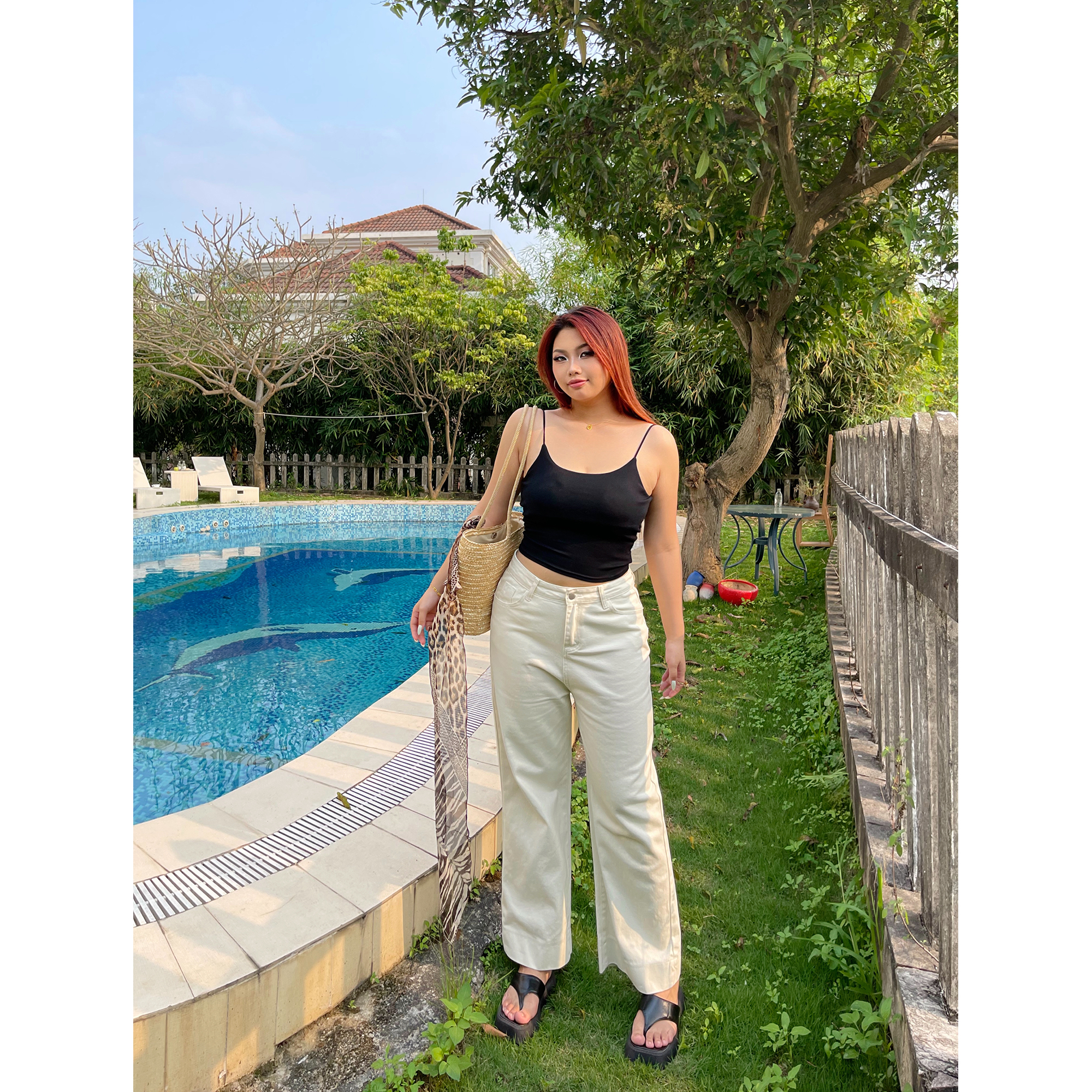 阔腿裤适中2024纯色牛仔棉高腰