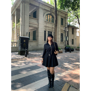 楠哥微胖mm复古长袖衬衫连衣裙女秋大码法式赫本风收腰显瘦A字裙