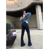 胖mm紧身显瘦马蹄裤 大码 子 女高腰春夏季 楠哥微胖黑色微喇叭牛仔裤