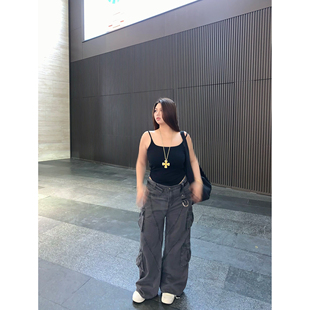 楠哥微胖辣妹复古街头多口袋工装牛仔裤女大码宽松垂感胖mm阔腿裤