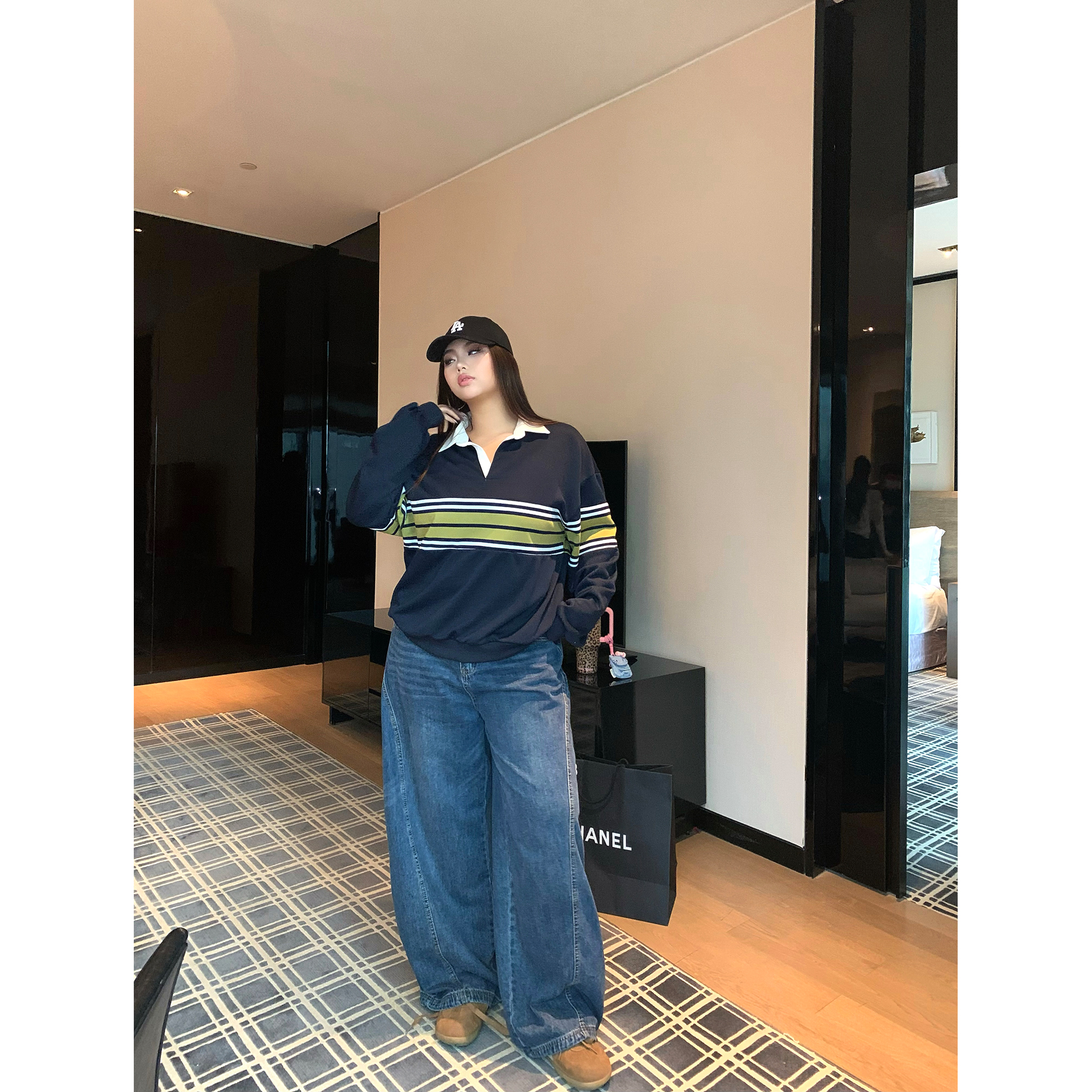 复古水洗蓝色高腰宽松拖地牛仔裤