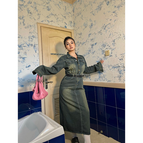 港风复古牛仔A字连衣裙牛仔皮带