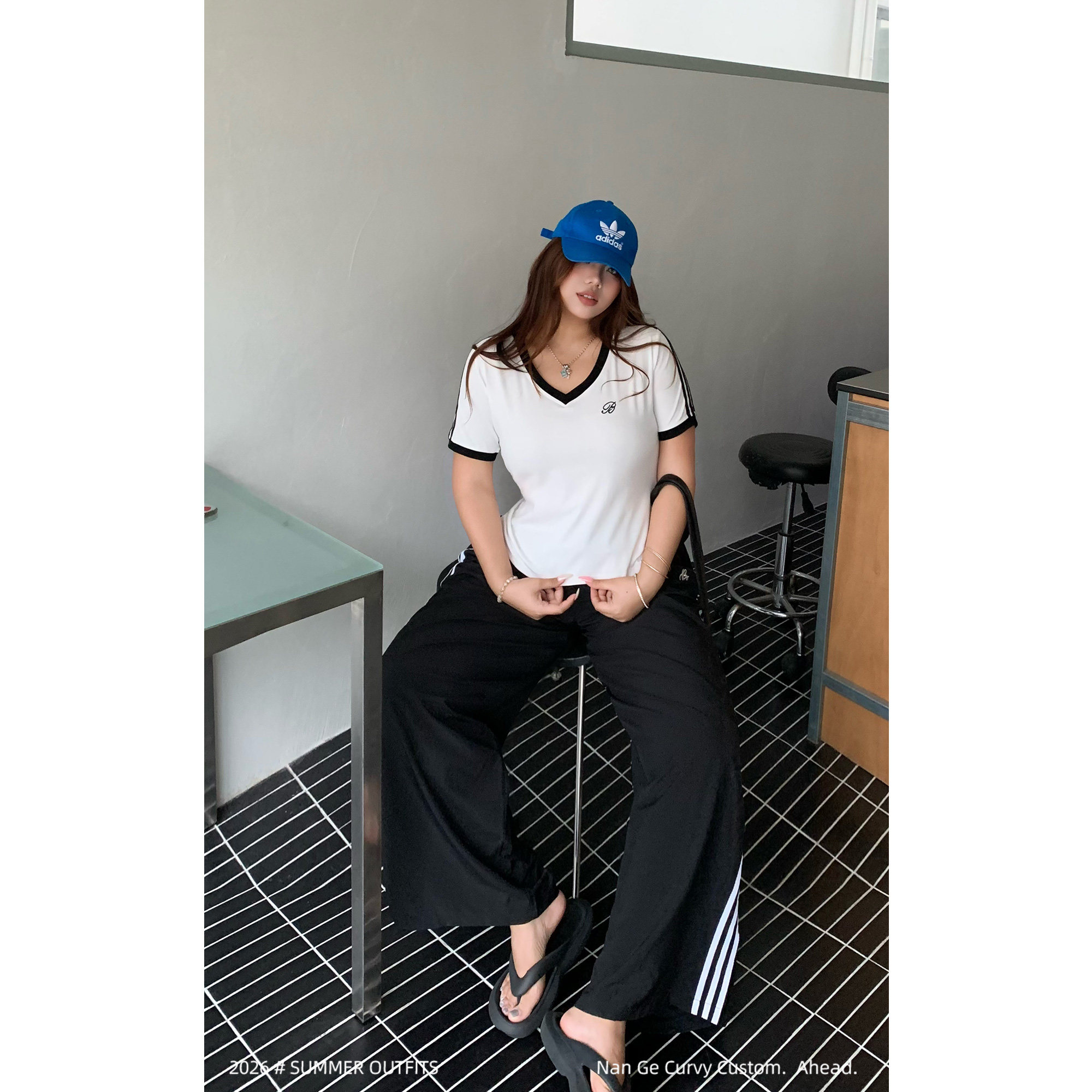 楠哥微胖大码侧边条纹运动裤女夏胖mm显瘦垂感宽松直筒休闲阔腿裤