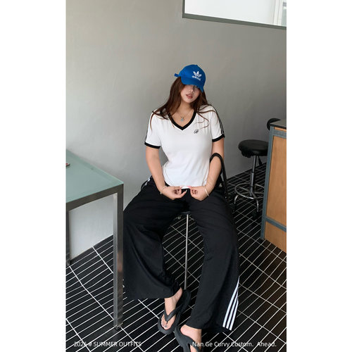 黑色撞色条纹阔腿运动裤女大码