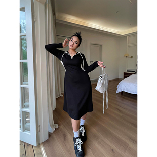 楠哥微胖mm大码连衣裙女秋冬新款收腰显瘦拼接甜酷炸街连帽长裙子