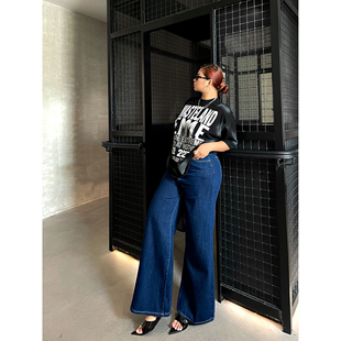 楠哥微胖深蓝色高腰直筒牛仔裤女大码胖mm新款宽松美式阔腿拖地裤