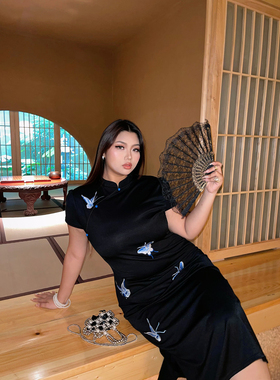 楠哥微胖mm复古新中式国风旗袍连衣裙女夏大码欧美设计感修身显瘦