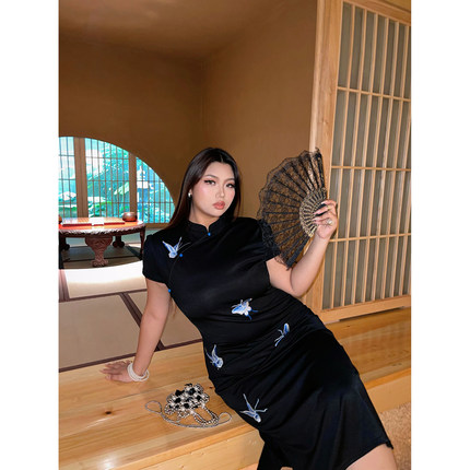 楠哥微胖mm复古新中式国风旗袍连衣裙女夏大码欧美设计感修身显瘦