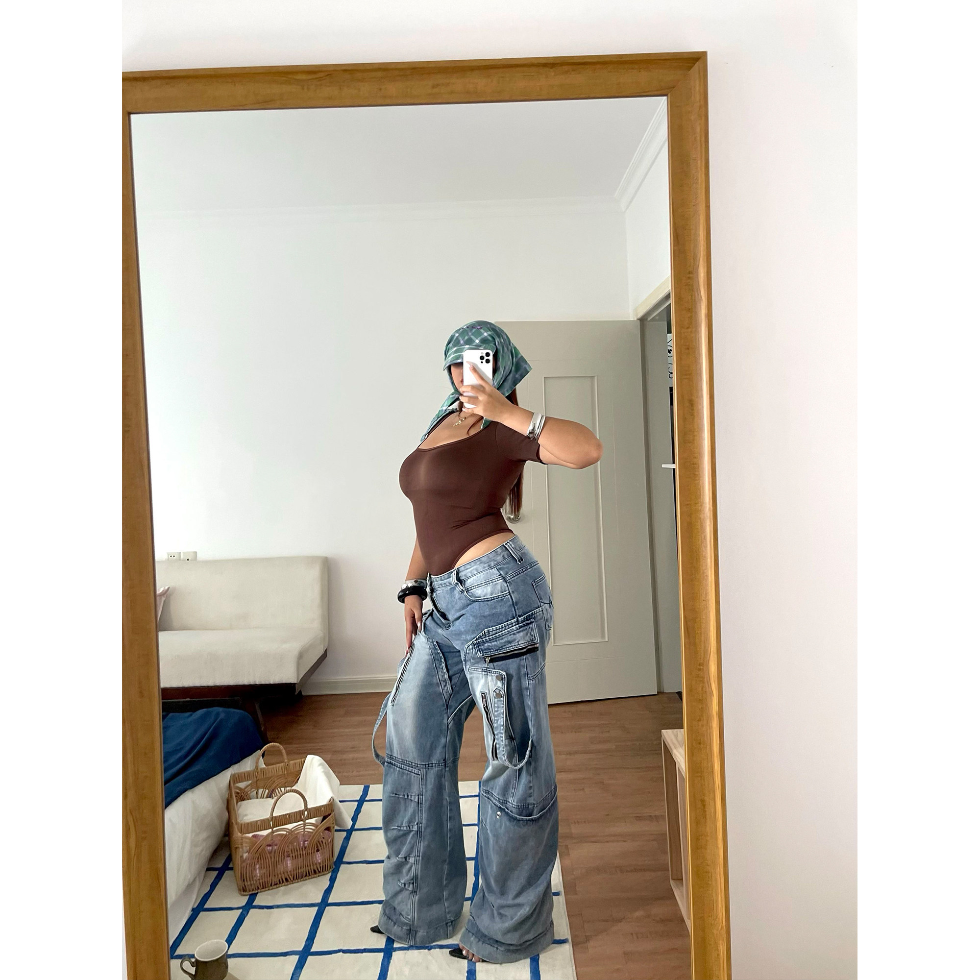 楠哥微胖mm辣妹复古阔腿工装牛仔裤女早秋大码直筒显瘦重工长裤潮