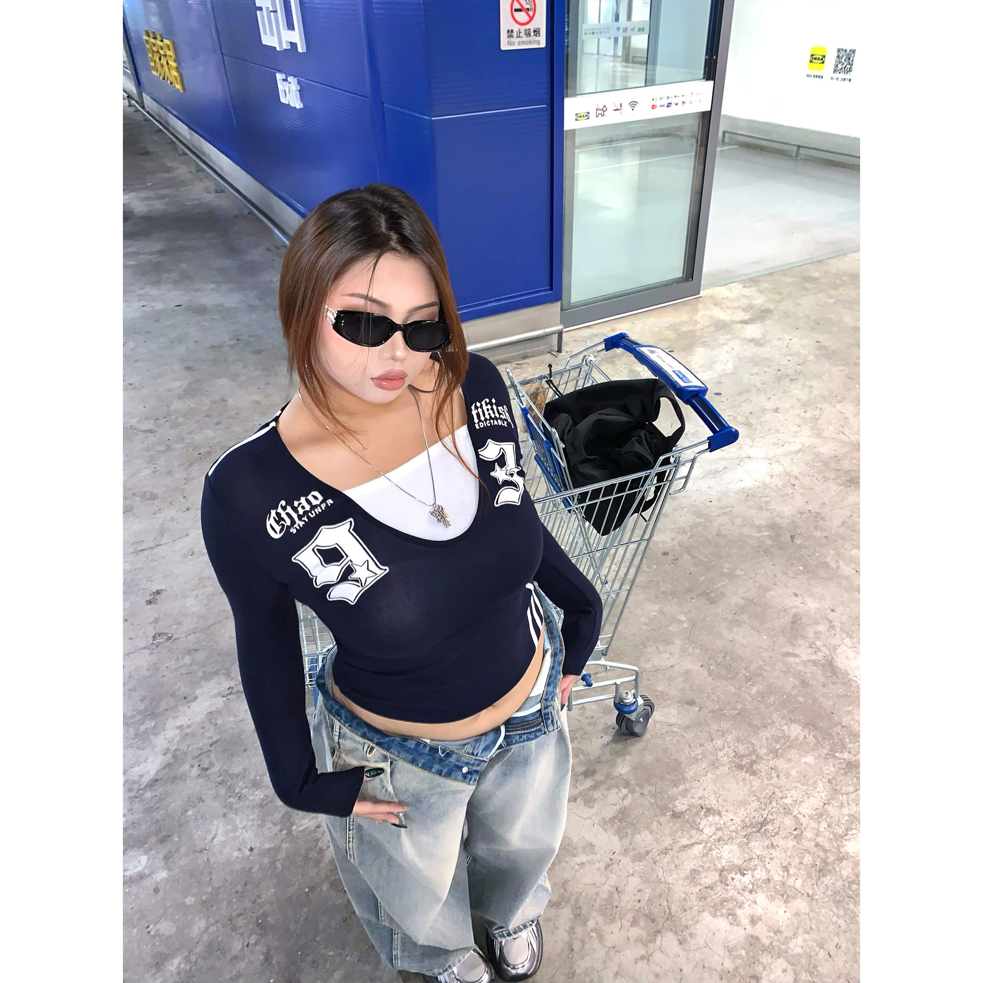 楠哥微胖美式辣妹假两件字母长袖T恤女春夏新款大码胖mm百搭上衣