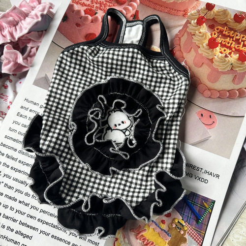 黑色系绣花贴花边宠物衣服 泰迪博美狗狗猫咪比熊吊带春夏秋冬