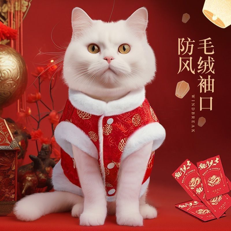 小猫猫咪新春过年宠物衣服加厚保暖加绒马甲背心布偶蓝猫喜庆唐装