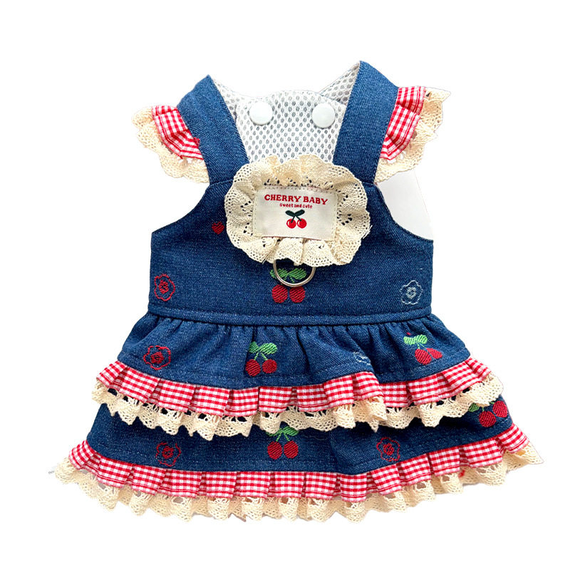 春夏牛仔樱桃背带裙狗裙子宠物狗狗猫咪衣服用品泰迪比熊外出博美