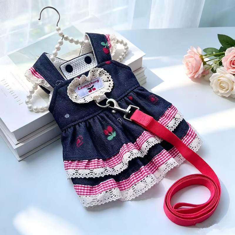 春夏牛仔樱桃情侣背带裙子宠物狗狗猫咪衣服用品泰迪比熊外出遛弯