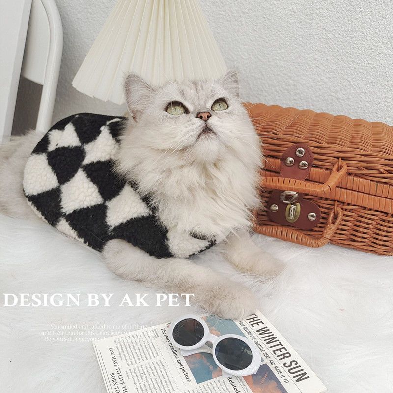 亏本清仓#棋盘格猫咪衣服可爱羊羔毛加绒马甲背心冬装保暖宠物