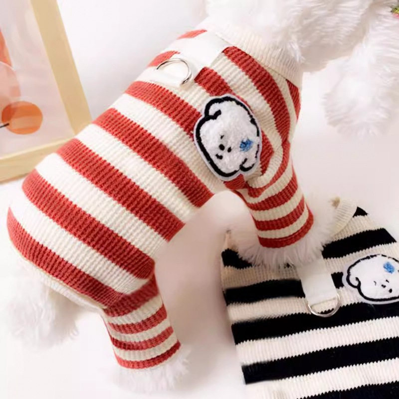 针织宠物狗狗衣服秋冬保暖条纹四脚衣泰迪比熊雪纳瑞小型幼犬毛衣
