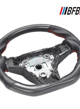 适用于特斯拉Model 3 Y哑光黑色碳纤维黑色皮红色缝线方向盘改装