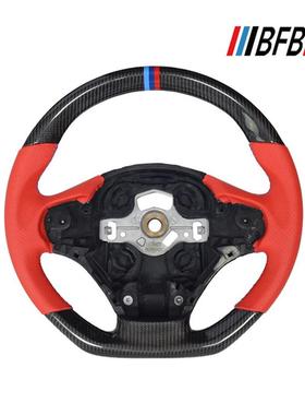 适用于宝马3系F30低配红色打孔皮三色缝线运动款碳纤维方向盘改装