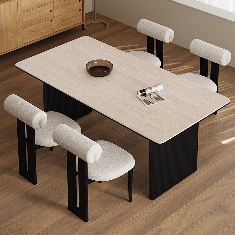 宜洛中古风洞石岩板餐桌小户型意式极简长方形餐桌客厅高端餐台