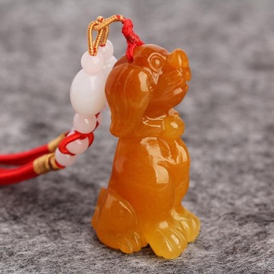 天然黄龙玉狗旺财挂件红玉石茶碗圆形全新全黄十二生肖吊坠
