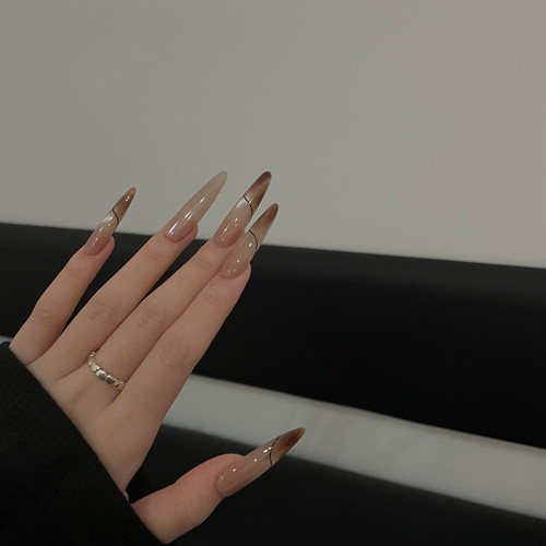 甜酷纯手工穿戴甲轻奢美甲海丽线条晕染法式高级显白猫眼欧美甲