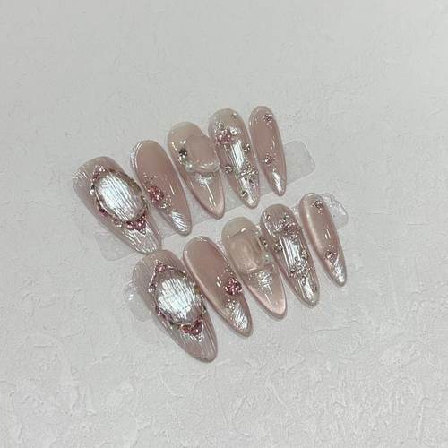 【实拍】纯手工穿戴甲春夏少女冰透裸粉魔镜假指甲可拆卸美甲