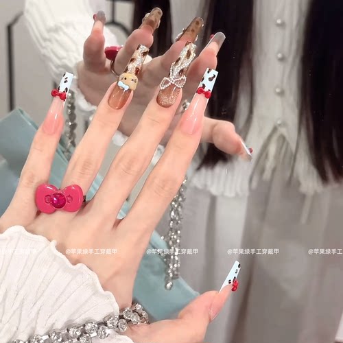 【曼波甜心】立体kitty猫可爱豹纹猫眼蝴蝶结珍珠甜辣长款美甲贴