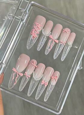 【甜心蝴蝶结】纯手工高端宽蝴蝶结格子显白美甲纯手工穿戴甲成品