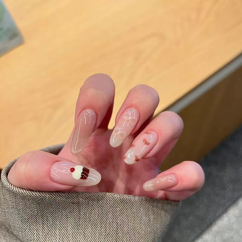 穿戴甲裸色清透手绘小蛋糕蝴蝶结猫眼穿戴甲手工长款显白美甲贴片