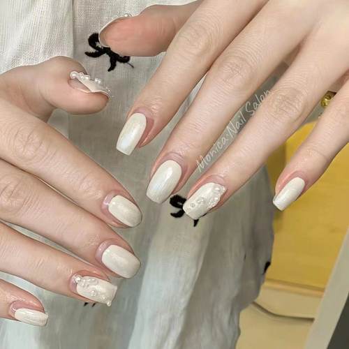 燕麦珍珠手工穿戴甲小众纯色美甲贴片婚甲新娘甲假指甲小红书爆款