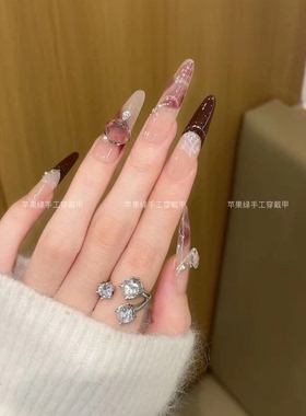 【桔梗之语】秋冬温柔气质风晶石晕染焦糖棕法式冰糖堆钻穿戴甲