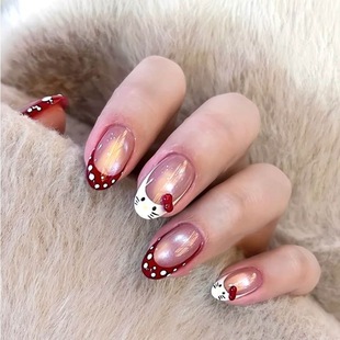 纯手工穿戴甲可爱卡通凯蒂猫高级显白短款 Kitty 手作美甲 经典