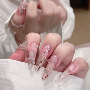 纯手工穿戴甲粉豹纹蝴蝶结甜酷猫眼穿戴甲轻奢美甲贴 豹纹丝带