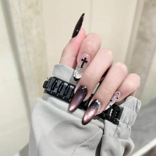 纯手工穿戴甲紫黑猫眼甜酷风长甲法式波点婚甲新娘甲学生美甲贴片