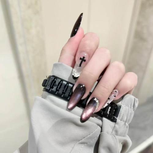 纯手工穿戴甲紫黑猫眼甜酷风长甲法式波点婚甲新娘甲学生美甲贴片