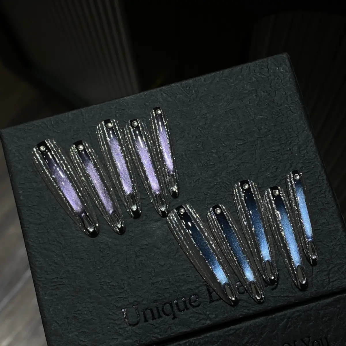 纯手工穿戴甲AB款银色拉丝爆闪星空美甲高级猫眼穿戴甲美甲