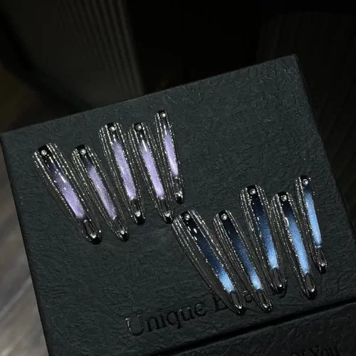 纯手工穿戴甲AB款银色拉丝爆闪星空美甲高级猫眼穿戴甲美甲