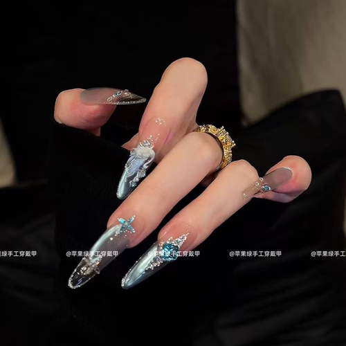 【梦幻天鹅】ins蓝调法式渐变美甲侧光小碎钻爆闪蓝色光疗穿戴甲
