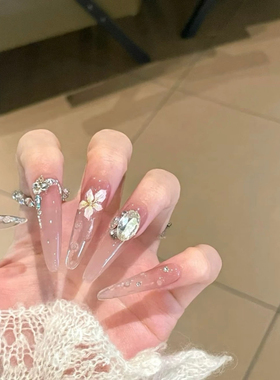 【闻花落】裸色春日浪漫樱花粉渐变指尖冰透水露琉璃花瓣穿戴甲片