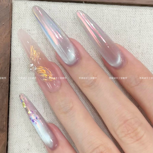 纯手工爆闪氛围感极光魔镜粉超仙超亮2025新款流行高级可拆卸美甲