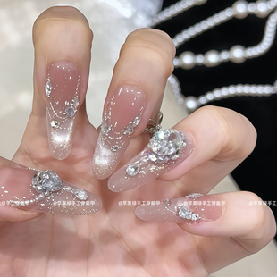 美甲贴片假指甲 5A锆石爆闪ins猫眼纯手工穿戴甲长款 凝脂玉露