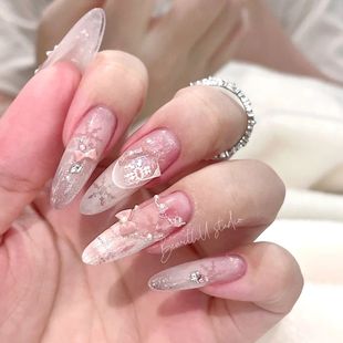 纯手工穿戴甲秋冬光疗甲粉色美甲圣诞氛围法式 蝴蝶结雪花贴钻